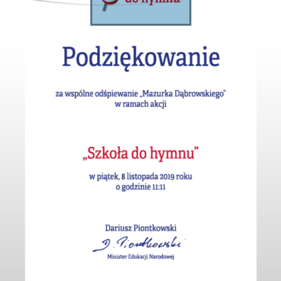 Podziekowanie za wspólne odśpiewanie "Mazurka Dąbrowskiego" w ramach akcji "szkoła do Hymnu"