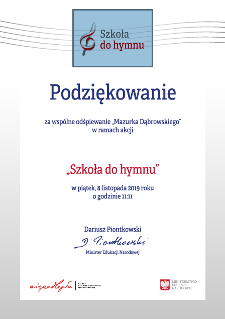 Podziekowanie za wspólne odśpiewanie "Mazurka Dąbrowskiego" w ramach akcji "szkoła do Hymnu"