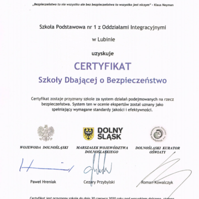 Certyfikat Szkoły Dbającej o Bezpieczeństwo