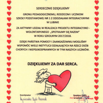 Podziękowania za udział w akcji "Spotkajmy się Razem" w roku szkolnym 2017/2018