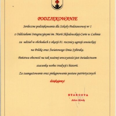 Podziękowanie za udział w obchodach z okazji 81 rocznicy agresji sowieckiej na Polskę