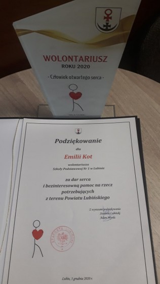 wyróżnienie otrzymała uczennica naszej szkoły Emilia Kot oraz opiekunka szkolnego wolontariatu pani Jolanta Mielniczuk