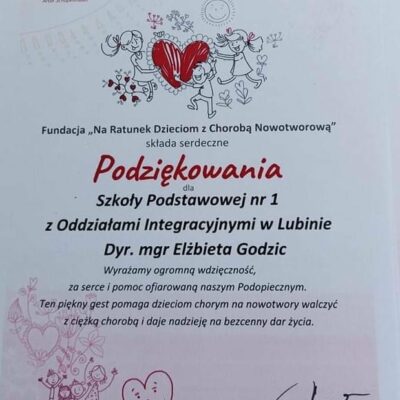 Podziękowanie od fundacji "Na ratunek dzieciom z chorobą nowotworową"